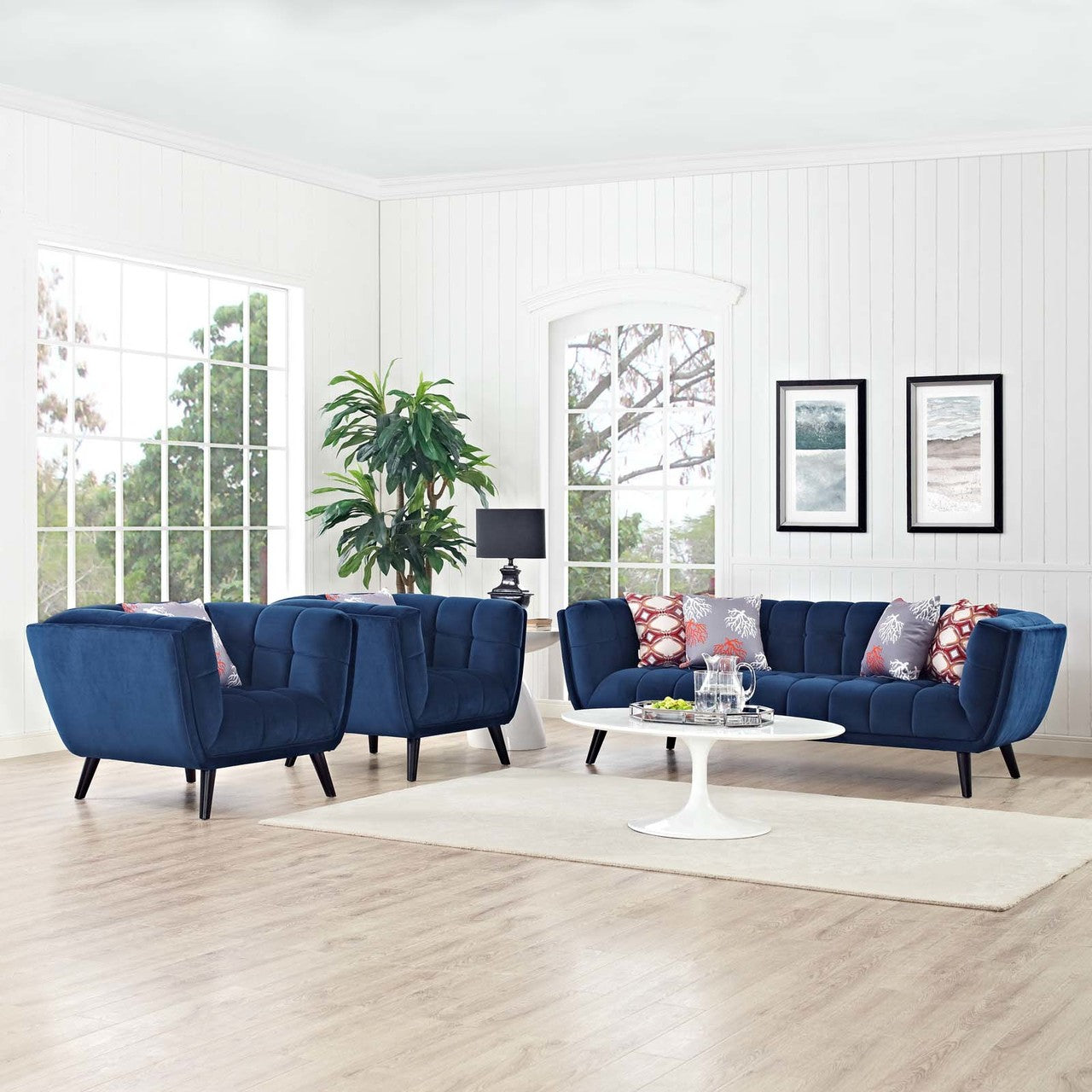 Bestow 3 Piece Velvet Sofa and Armchair Set, Velvet Fabric, Navy Blue 13970