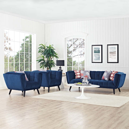 Bestow 3 Piece Velvet Sofa and Armchair Set, Velvet Fabric, Navy Blue 13970