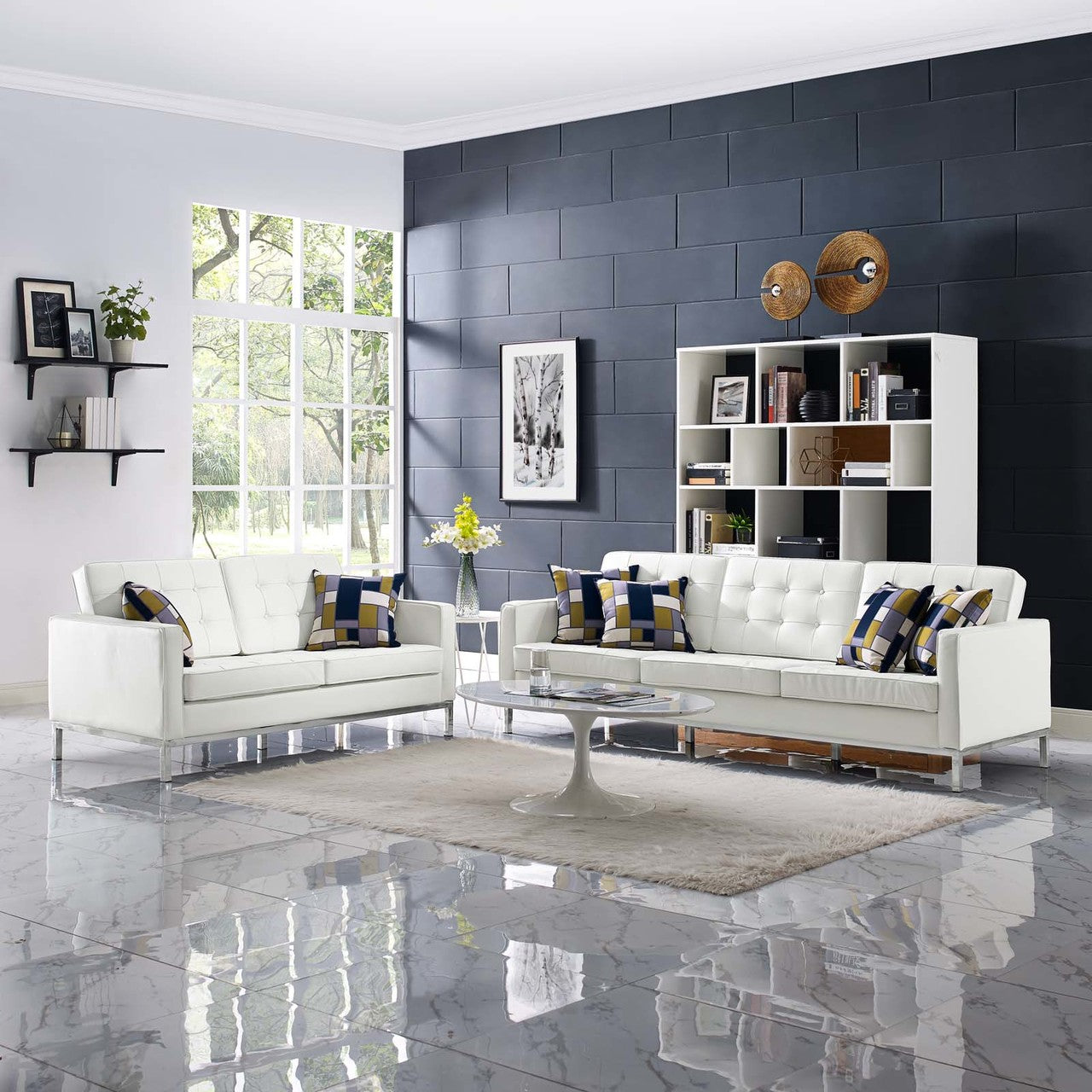 Loft 2 Piece Leather Sofa and Loveseat Set, Genuine Leather, White 13984