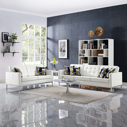 Loft 2 Piece Leather Sofa and Loveseat Set, Genuine Leather, White 13984