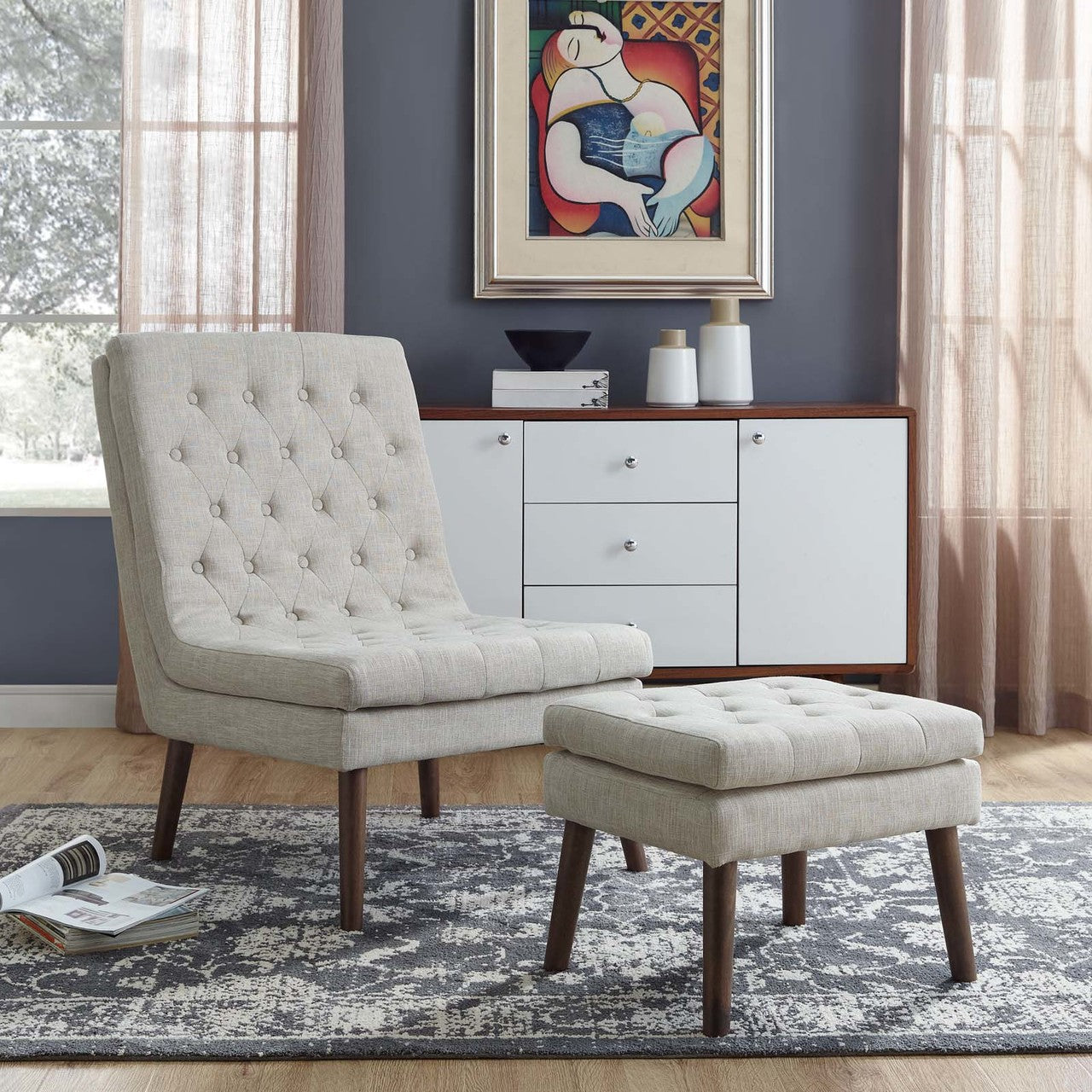 Modify Upholstered Lounge Chair and Ottoman, Fabric, Beige 13986