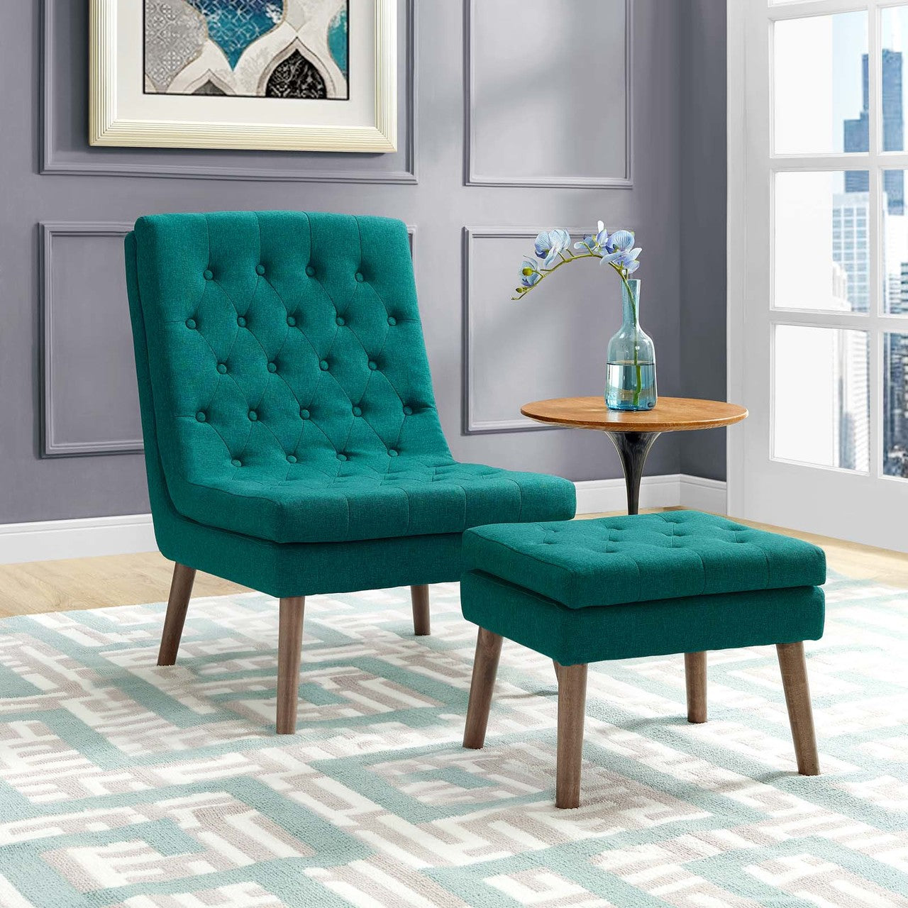 Modify Upholstered Lounge Chair and Ottoman, Fabric, Aqua Blue 13988