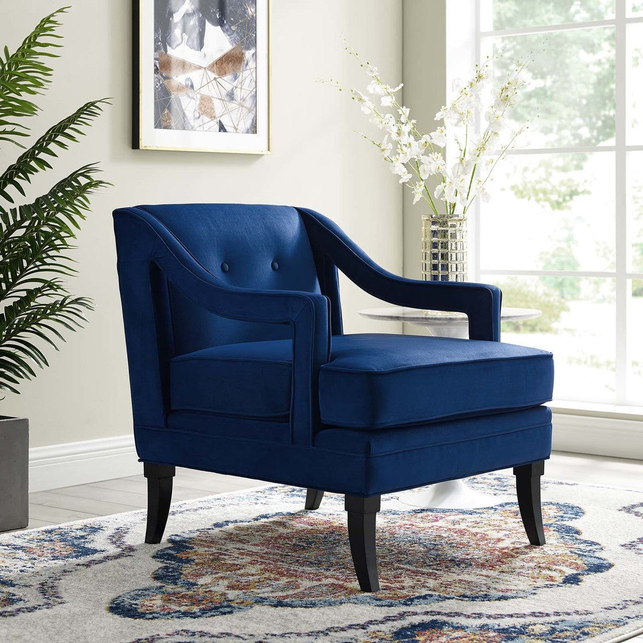 Concur Button Tufted Upholstered Velvet Armchair, Velvet Fabric, Navy Blue 15296