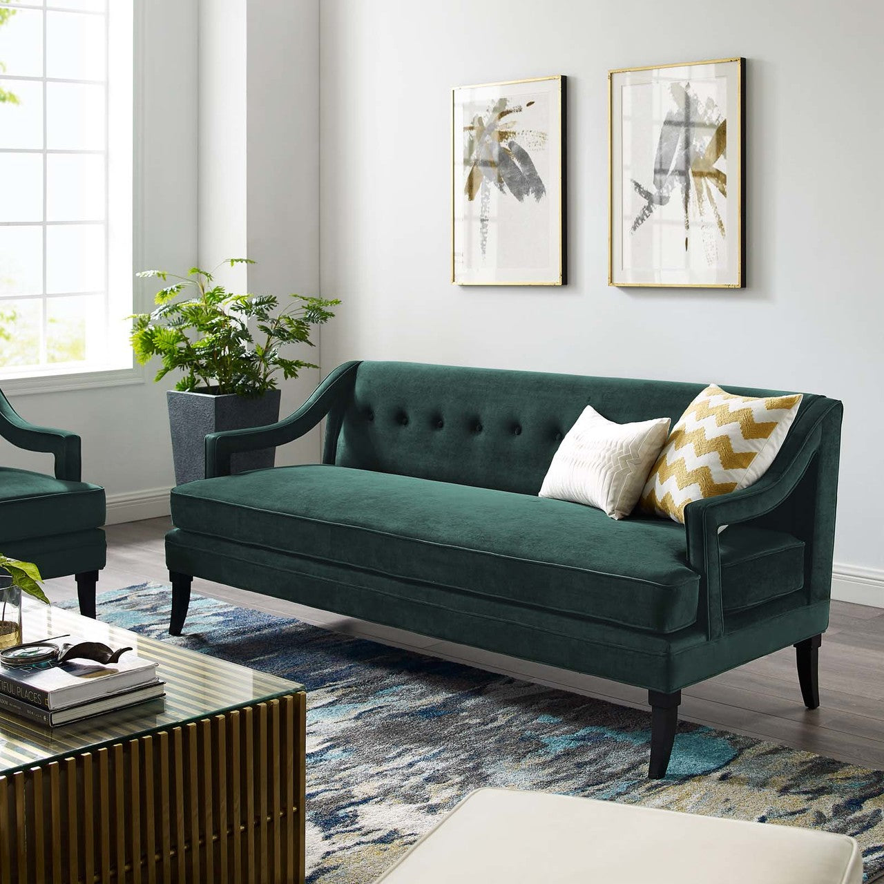 Concur Button Tufted Upholstered Velvet Sofa, Velvet Fabric, Green 15299