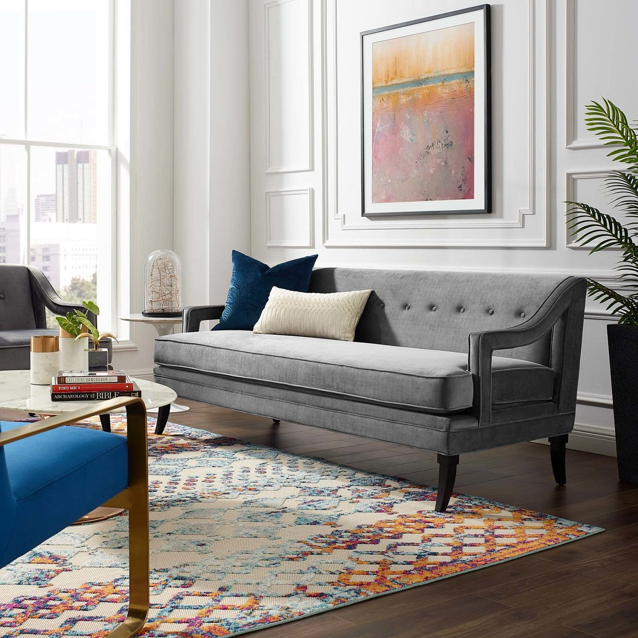 Concur Button Tufted Upholstered Velvet Sofa, Velvet Fabric, Grey Gray 15300