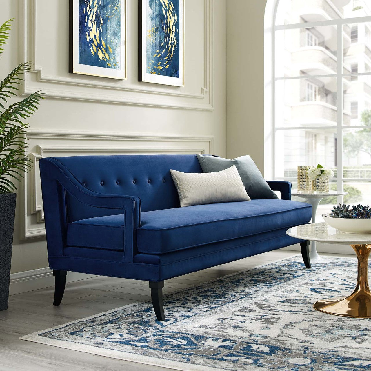 Concur Button Tufted Upholstered Velvet Sofa, Velvet Fabric, Navy Blue 15302