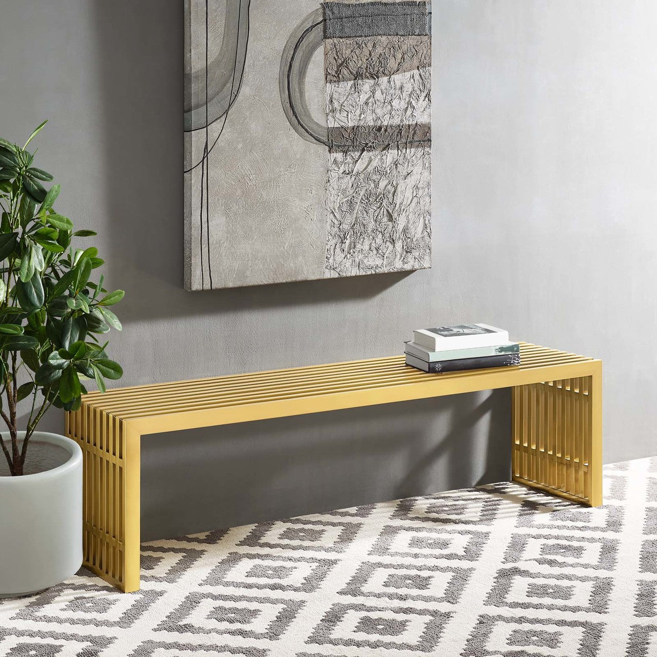 Gridiron Large Stainless Steel Bench, Metal Steel Stainless Steel, Gold 13991