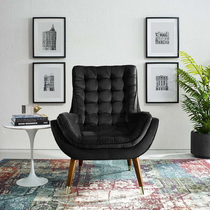 Suggest Button Tufted Upholstered Velvet Lounge Chair, Velvet Fabric, Black 15304