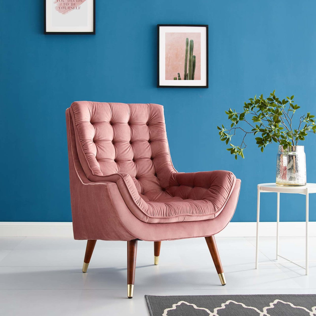 Suggest Button Tufted Upholstered Velvet Lounge Chair, Velvet Fabric, Rose Red 15306