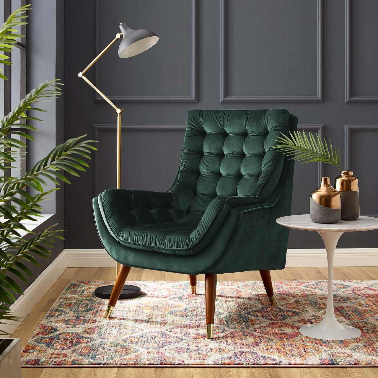 Suggest Button Tufted Upholstered Velvet Lounge Chair, Velvet Fabric, Green 15307