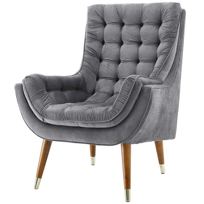 Suggest Button Tufted Upholstered Velvet Lounge Chair, Velvet Fabric, Grey Gray 15308