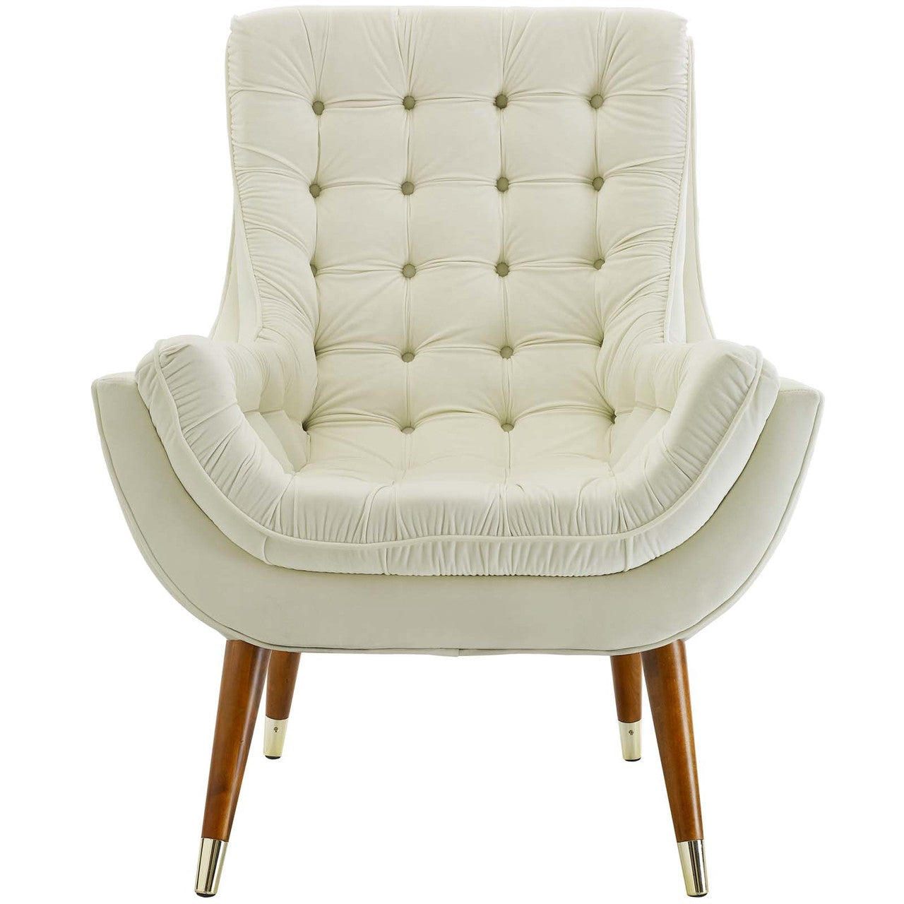 Suggest Button Tufted Upholstered Velvet Lounge Chair, Velvet Fabric, Ivory White 15309