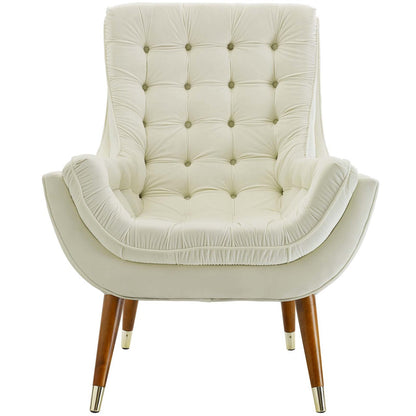 Suggest Button Tufted Upholstered Velvet Lounge Chair, Velvet Fabric, Ivory White 15309