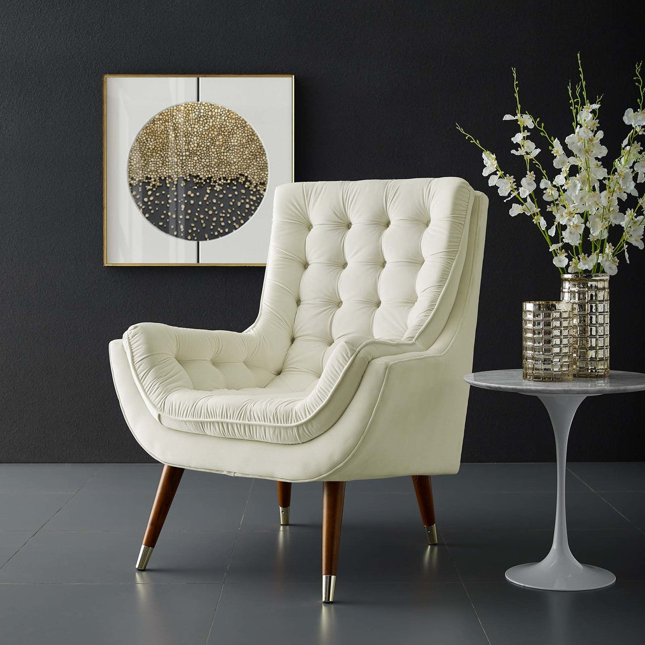 Suggest Button Tufted Upholstered Velvet Lounge Chair, Velvet Fabric, Ivory White 15309