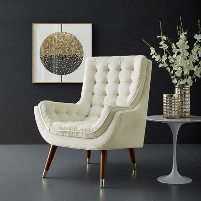Suggest Button Tufted Upholstered Velvet Lounge Chair, Velvet Fabric, Ivory White 15309