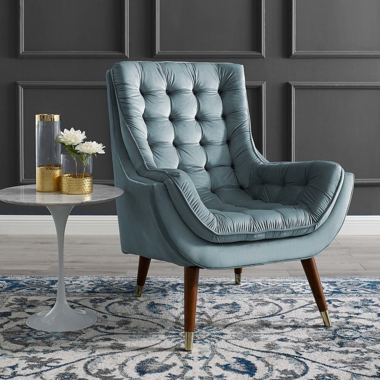 Suggest Button Tufted Upholstered Velvet Lounge Chair, Velvet Fabric, Light Blue 15310