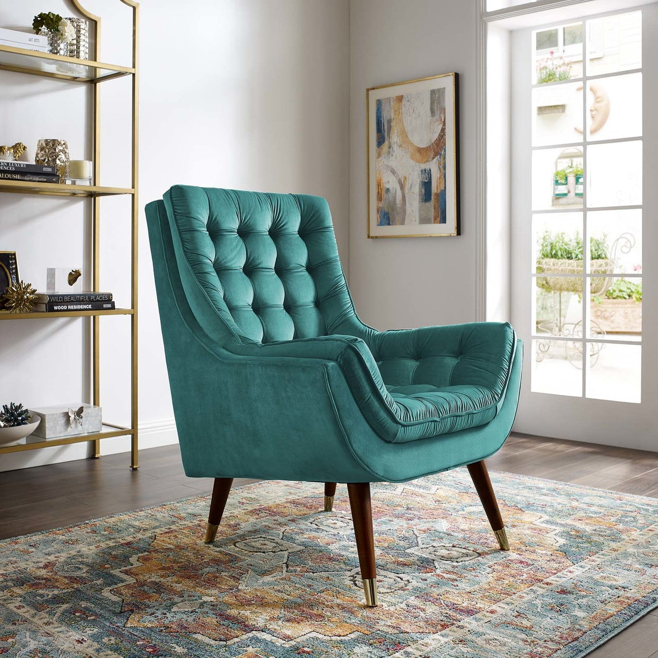 Suggest Button Tufted Upholstered Velvet Lounge Chair, Velvet Fabric, Aqua Blue 15312