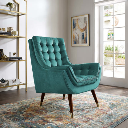 Suggest Button Tufted Upholstered Velvet Lounge Chair, Velvet Fabric, Aqua Blue 15312