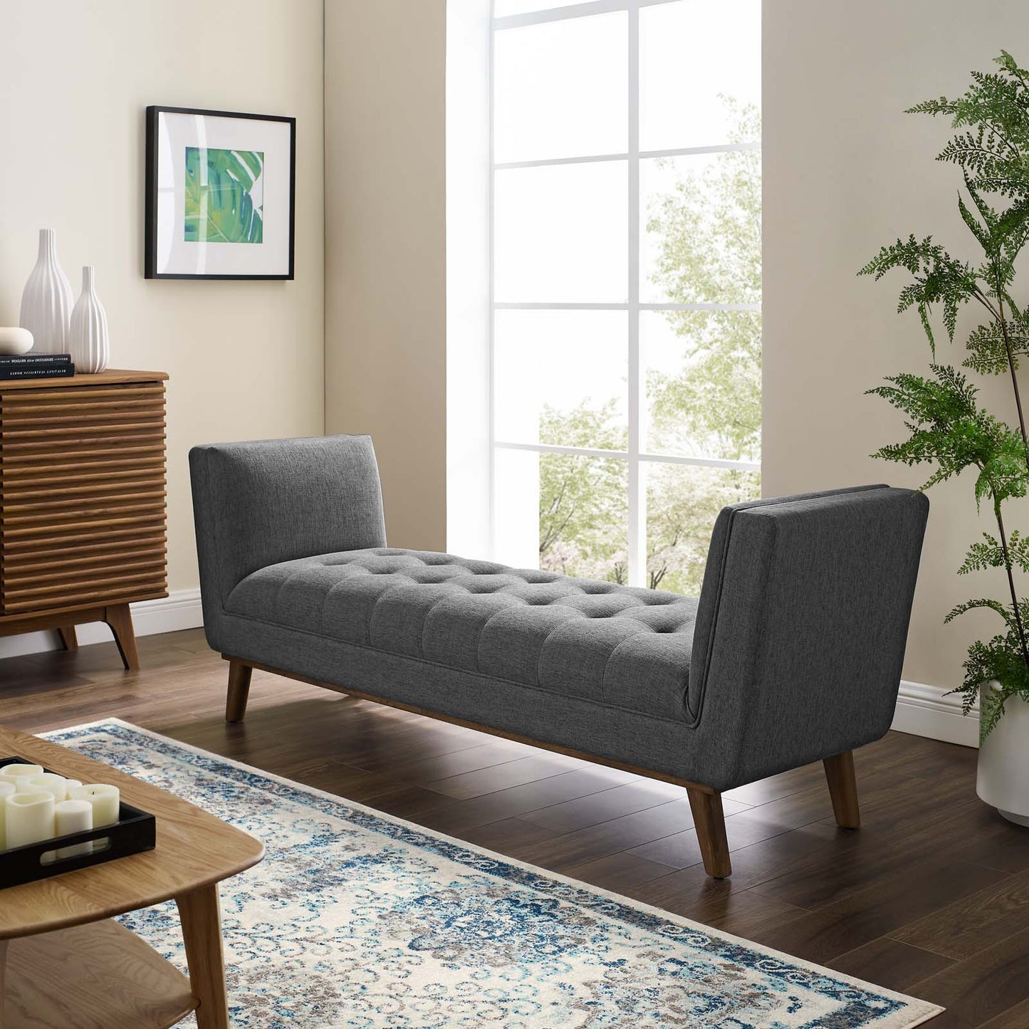 Haven Tufted Button Upholstered Fabric Accent Bench, Fabric, Grey Gray, 17257
