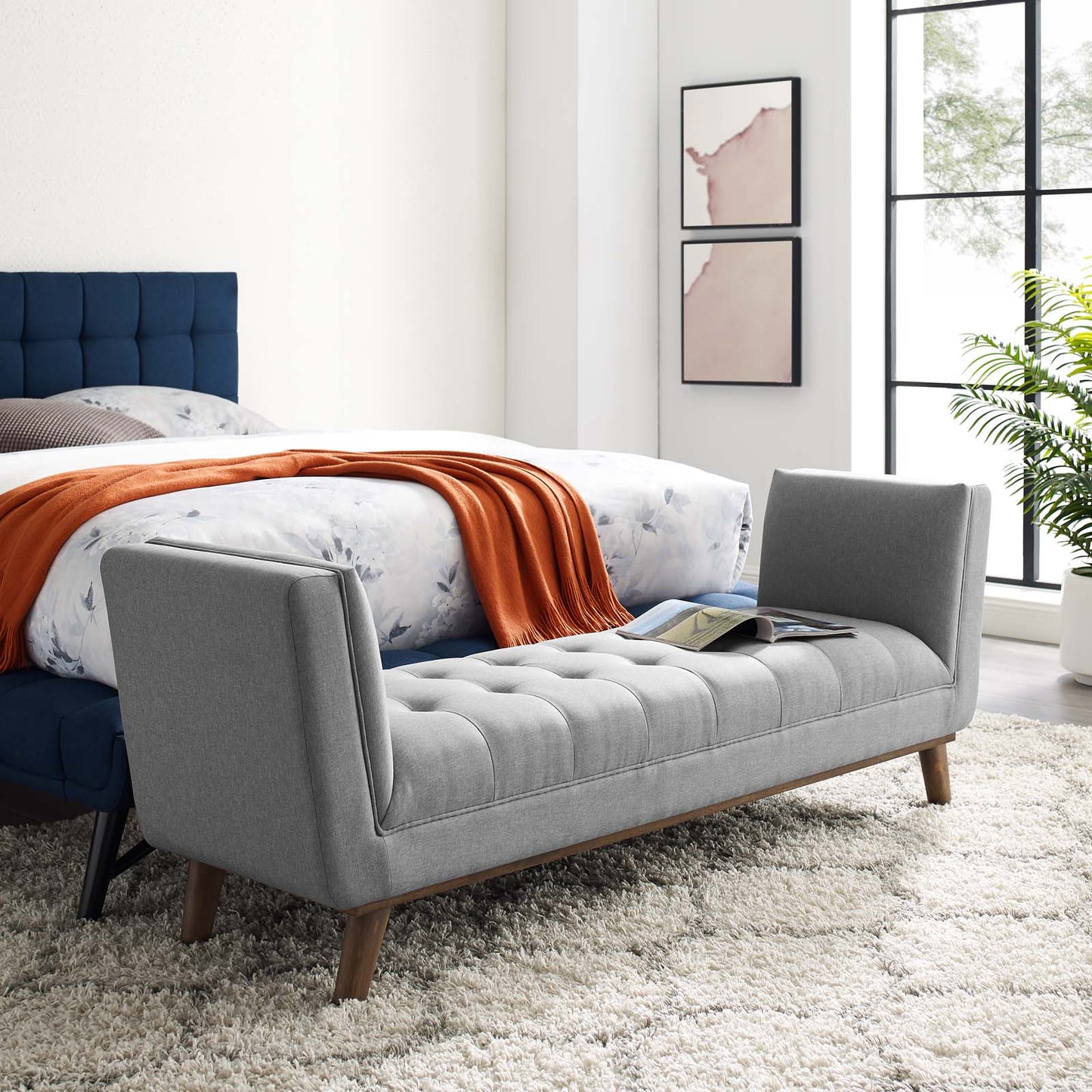 Haven Tufted Button Upholstered Fabric Accent Bench, Fabric, Light Grey Gray, 17258