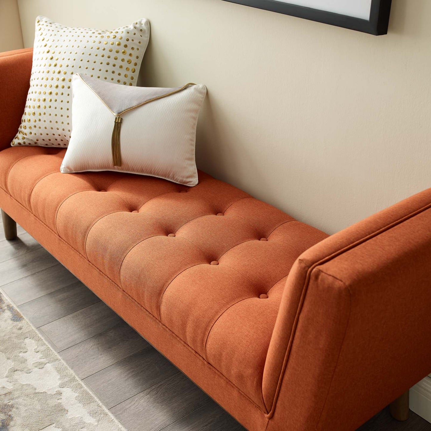 Haven Tufted Button Upholstered Fabric Accent Bench, Fabric, Orange, 17259