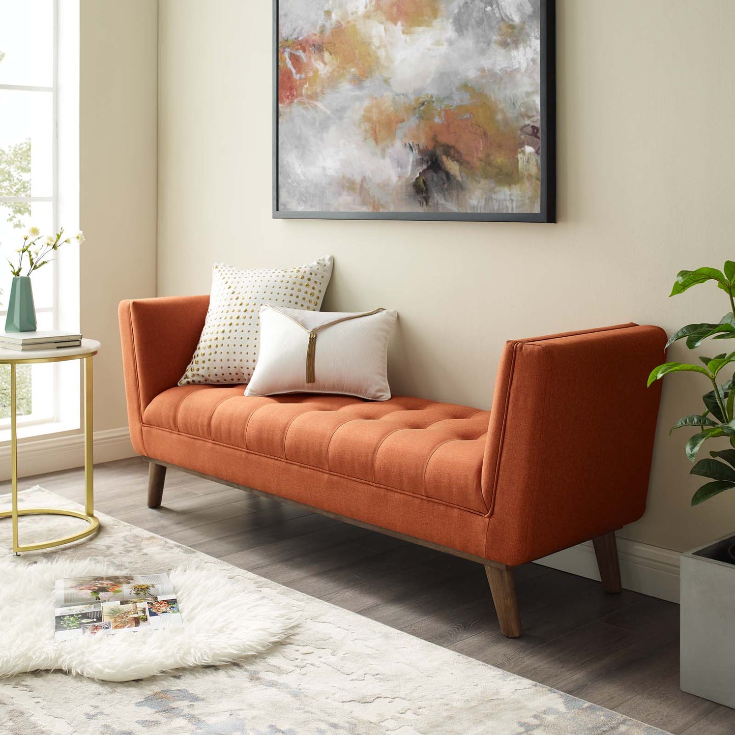 Haven Tufted Button Upholstered Fabric Accent Bench, Fabric, Orange, 17259