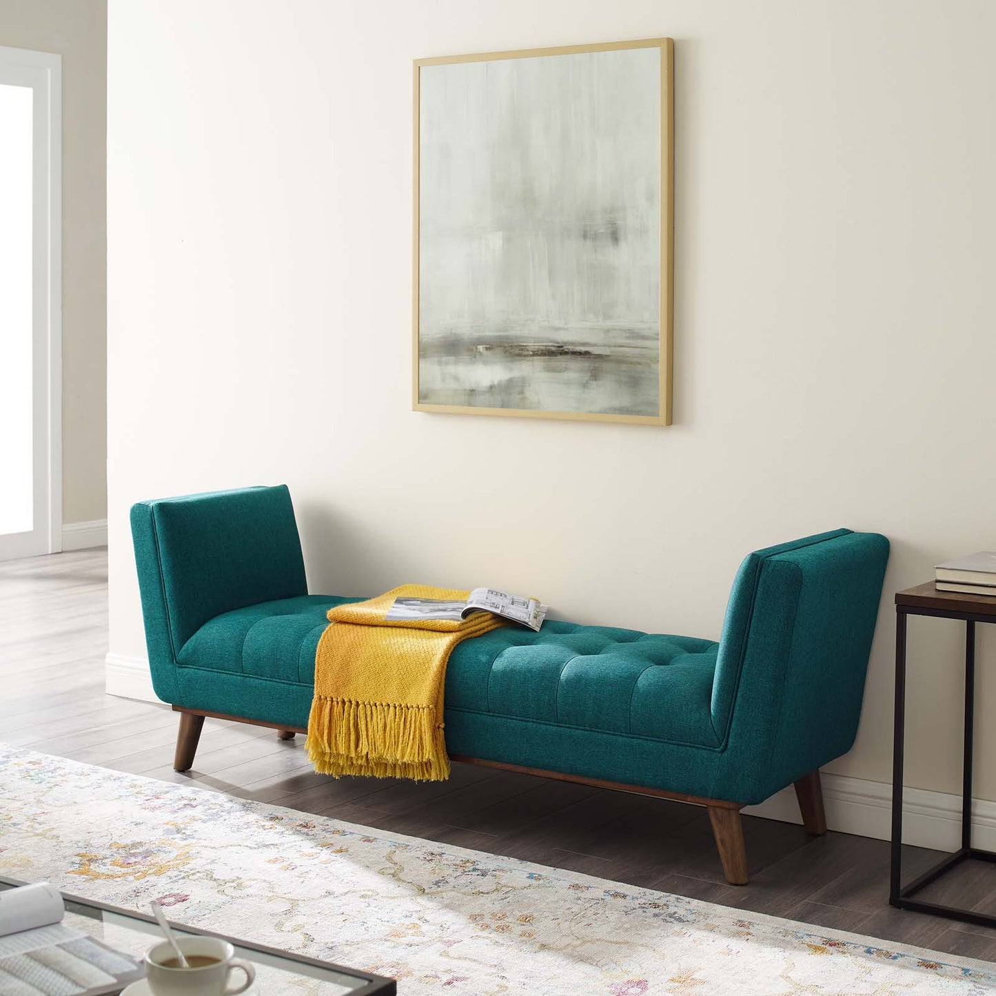 Haven Tufted Button Upholstered Fabric Accent Bench, Fabric, Aqua Blue, 17260