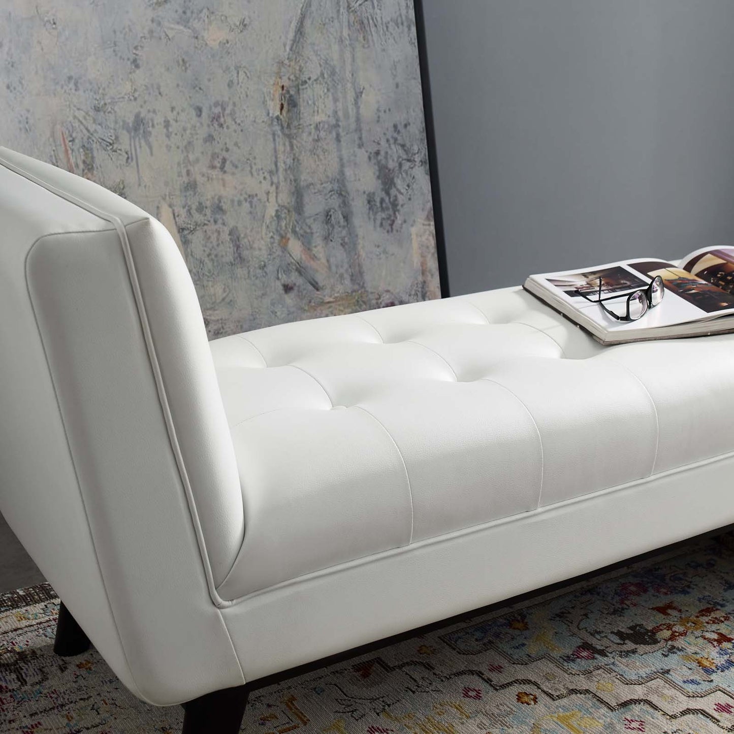 Haven Tufted Button Faux Leather Accent Bench, Faux Vinyl Leather, White, 17261
