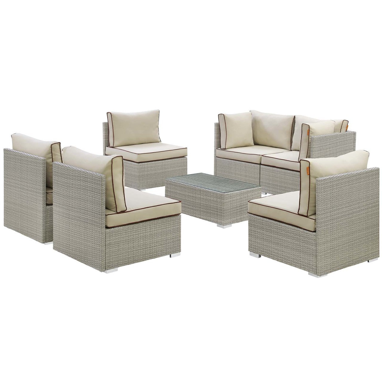 Repose 7 Piece Outdoor Patio Sectional Set, Sunbrella Rattan Wicker, Light Gray Beige 13992