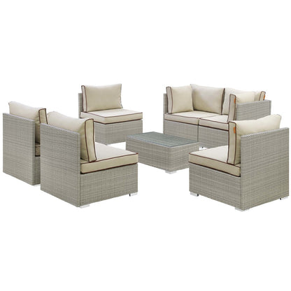 Repose 7 Piece Outdoor Patio Sectional Set, Sunbrella Rattan Wicker, Light Gray Beige 13992