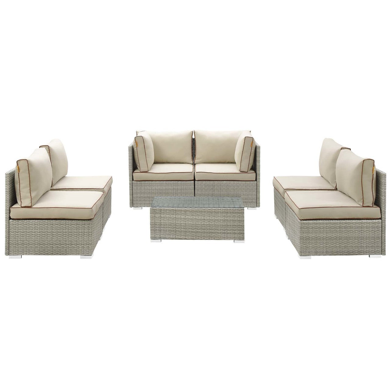 Repose 7 Piece Outdoor Patio Sectional Set, Sunbrella Rattan Wicker, Light Gray Beige 13992