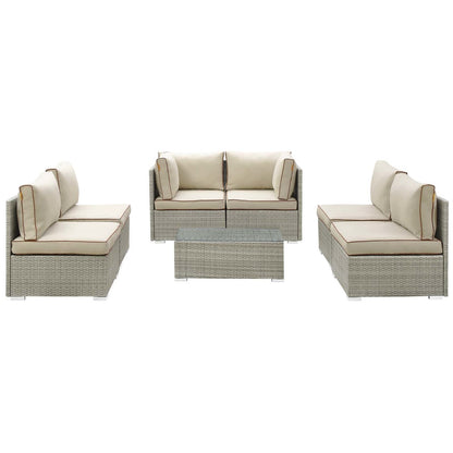 Repose 7 Piece Outdoor Patio Sectional Set, Sunbrella Rattan Wicker, Light Gray Beige 13992