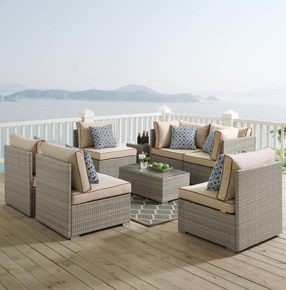 Repose 7 Piece Outdoor Patio Sectional Set, Sunbrella Rattan Wicker, Light Gray Beige 13992