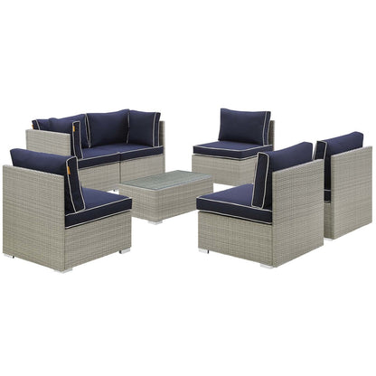 Repose 7 Piece Outdoor Patio Sectional Set, Sunbrella Rattan Wicker, Navy Blue Light Gray 13995