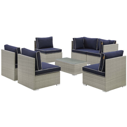Repose 7 Piece Outdoor Patio Sectional Set, Sunbrella Rattan Wicker, Navy Blue Light Gray 13995