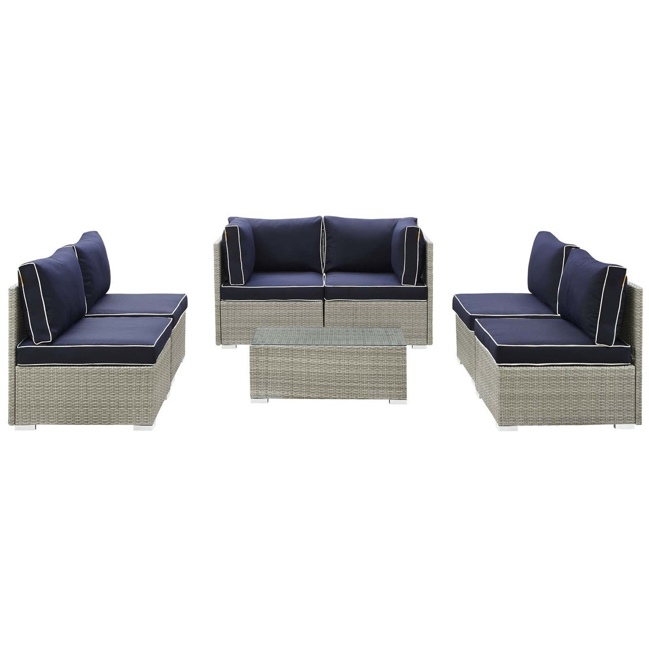 Repose 7 Piece Outdoor Patio Sectional Set, Sunbrella Rattan Wicker, Navy Blue Light Gray 13995
