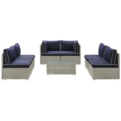 Repose 7 Piece Outdoor Patio Sectional Set, Sunbrella Rattan Wicker, Navy Blue Light Gray 13995