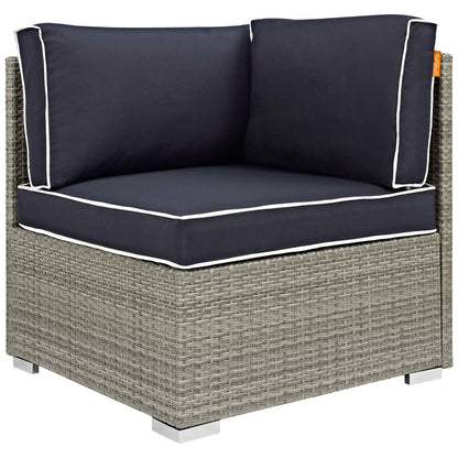 Repose 7 Piece Outdoor Patio Sectional Set, Sunbrella Rattan Wicker, Navy Blue Light Gray 13995