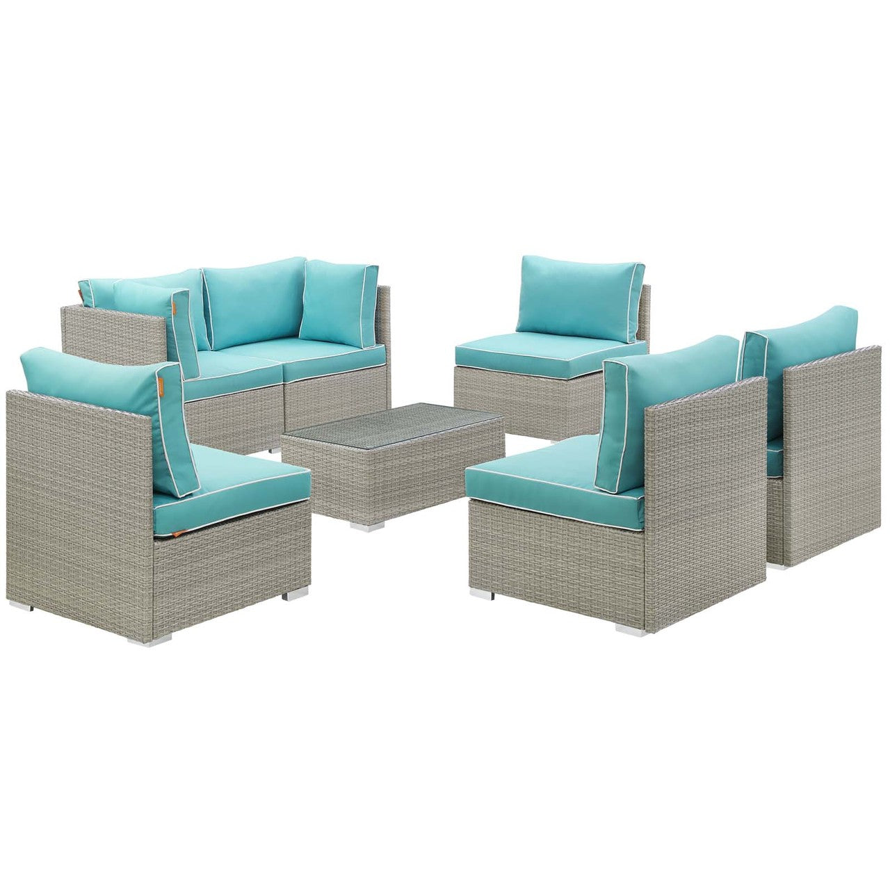 Repose 7 Piece Outdoor Patio Sectional Set, Sunbrella Rattan Wicker, Blue Light Gray 13996