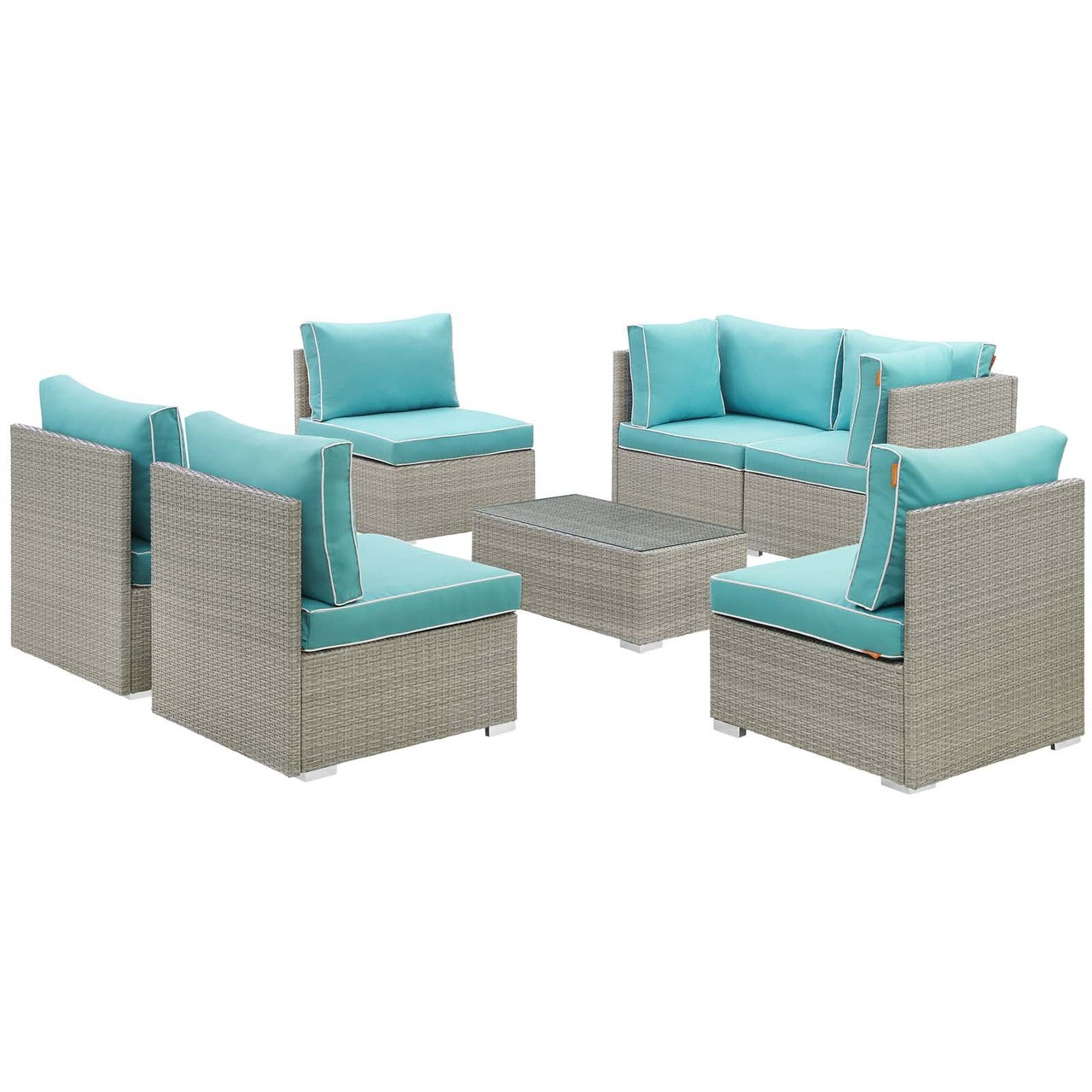 Repose 7 Piece Outdoor Patio Sectional Set, Sunbrella Rattan Wicker, Blue Light Gray 13996