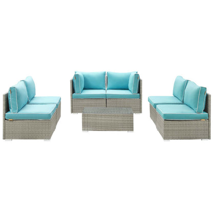 Repose 7 Piece Outdoor Patio Sectional Set, Sunbrella Rattan Wicker, Blue Light Gray 13996