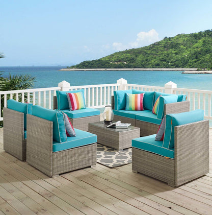 Repose 7 Piece Outdoor Patio Sectional Set, Sunbrella Rattan Wicker, Blue Light Gray 13996