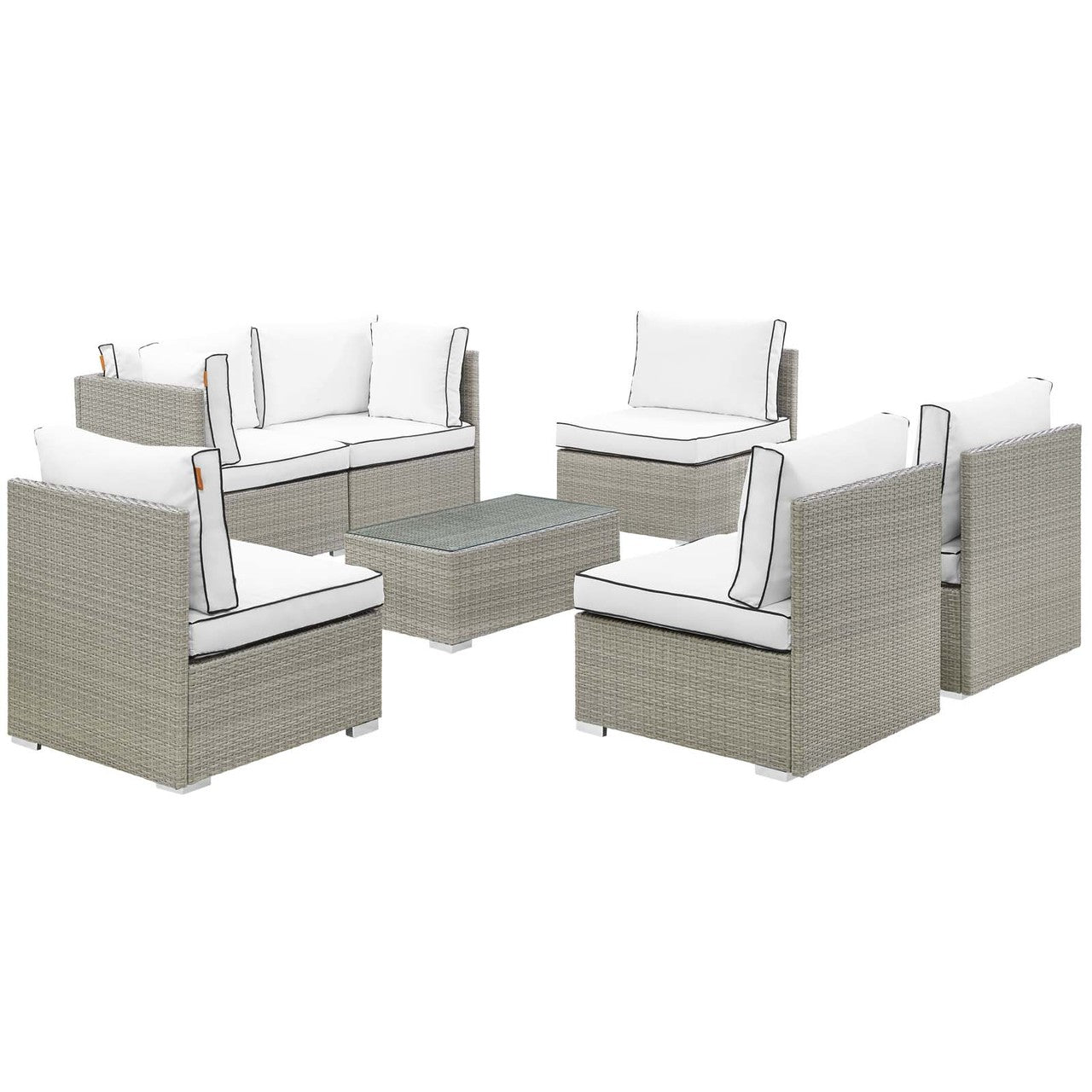 Repose 7 Piece Outdoor Patio Sectional Set, Sunbrella Rattan Wicker, White Light Gray 13997