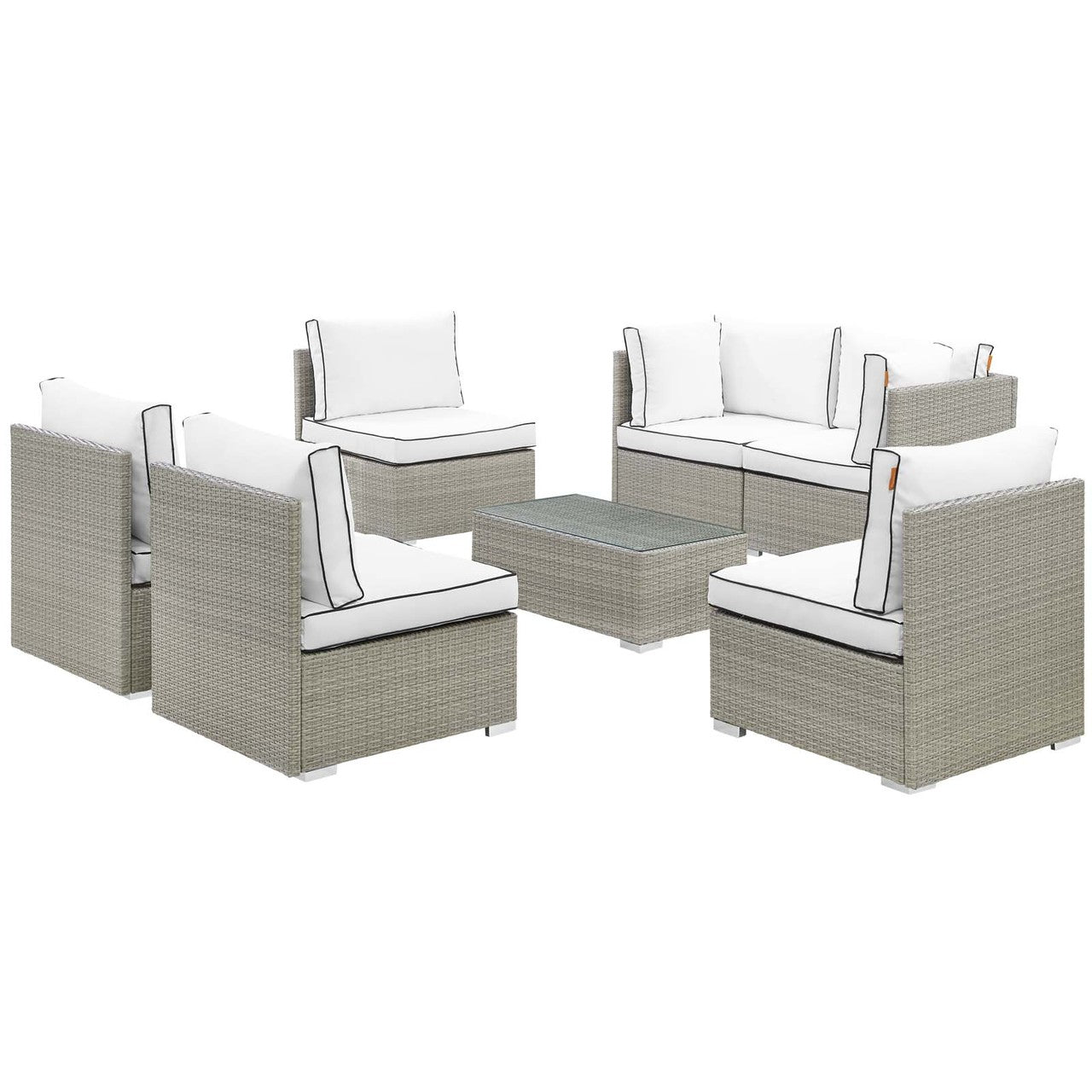 Repose 7 Piece Outdoor Patio Sectional Set, Sunbrella Rattan Wicker, White Light Gray 13997