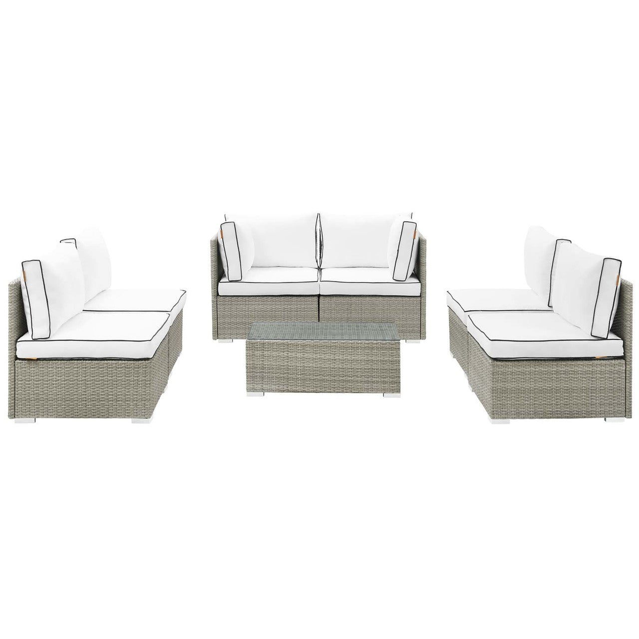 Repose 7 Piece Outdoor Patio Sectional Set, Sunbrella Rattan Wicker, White Light Gray 13997