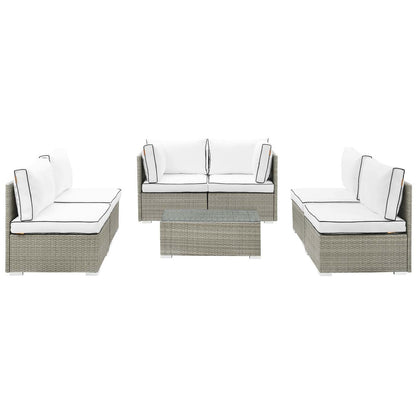 Repose 7 Piece Outdoor Patio Sectional Set, Sunbrella Rattan Wicker, White Light Gray 13997