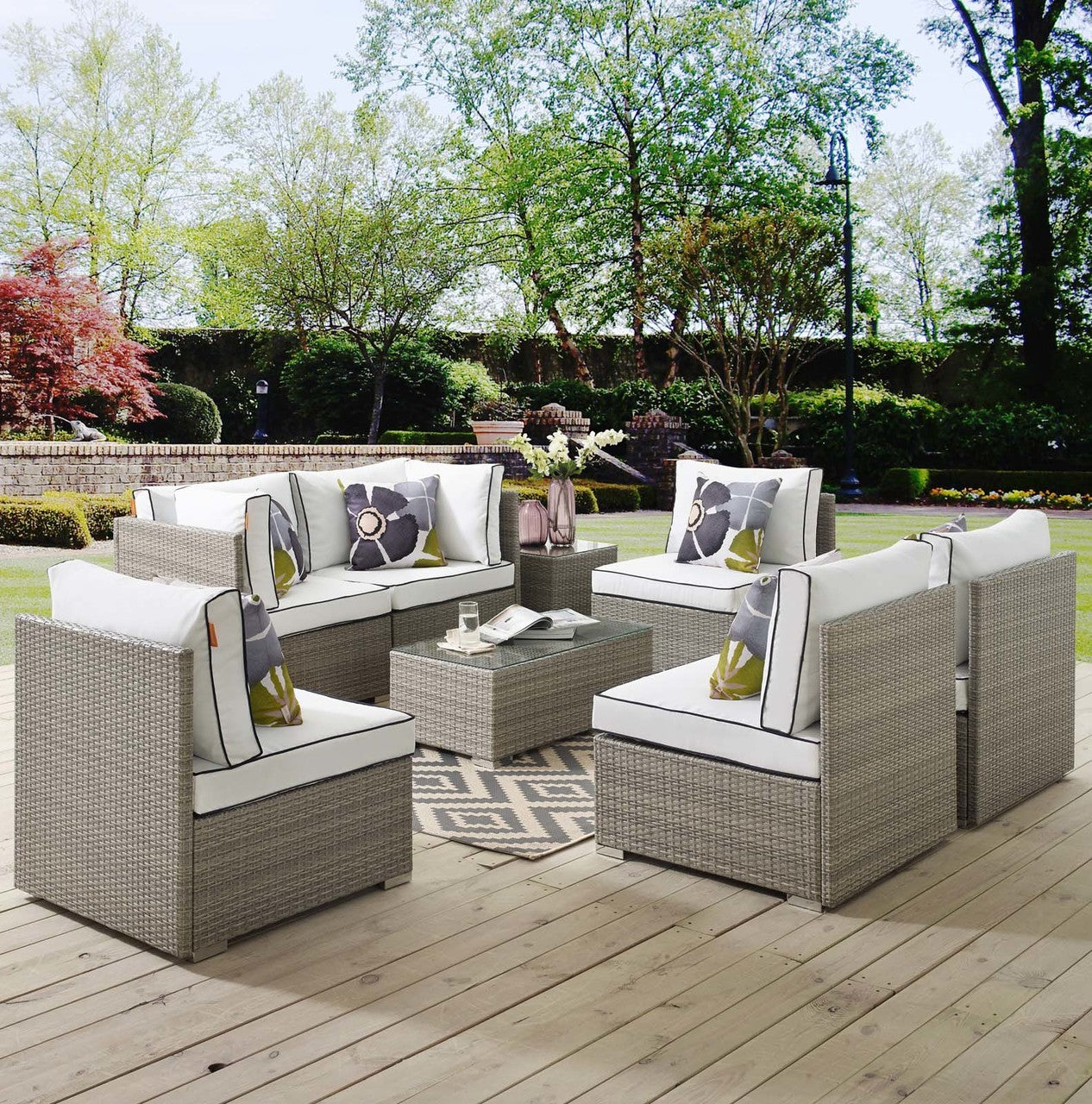 Repose 7 Piece Outdoor Patio Sectional Set, Sunbrella Rattan Wicker, White Light Gray 13997