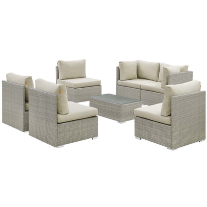 Repose 7 Piece Outdoor Patio Sunbrella® Sectional Set, Sunbrella Rattan Wicker, Light Gray Beige 13998