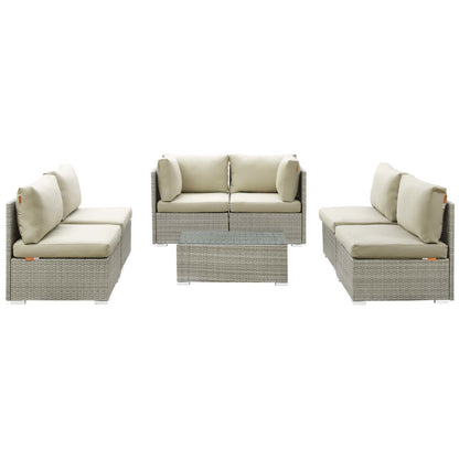 Repose 7 Piece Outdoor Patio Sunbrella® Sectional Set, Sunbrella Rattan Wicker, Light Gray Beige 13998