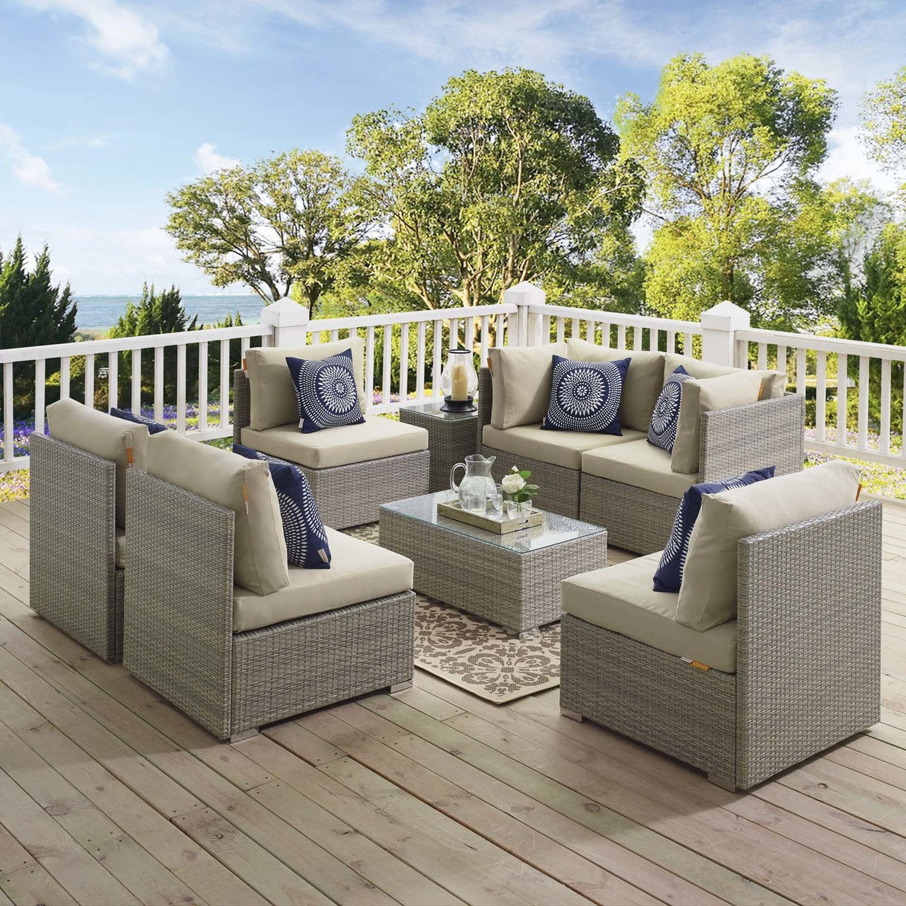 Repose 7 Piece Outdoor Patio Sunbrella® Sectional Set, Sunbrella Rattan Wicker, Light Gray Beige 13998